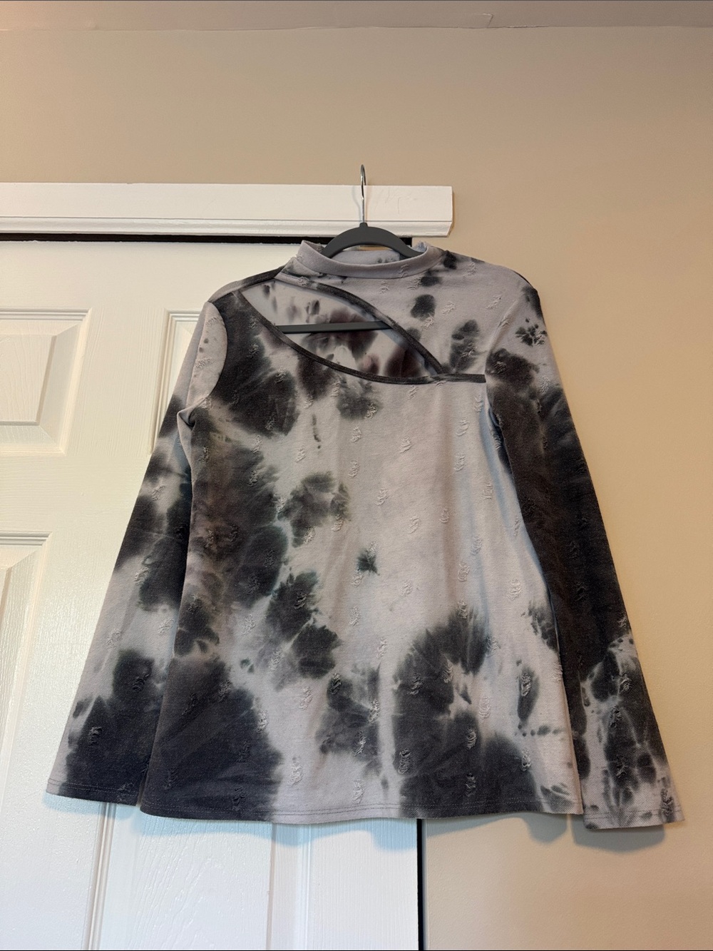 BiBi Black & Gray Tie-Dye Shirt with Cutout Detail and Distressing